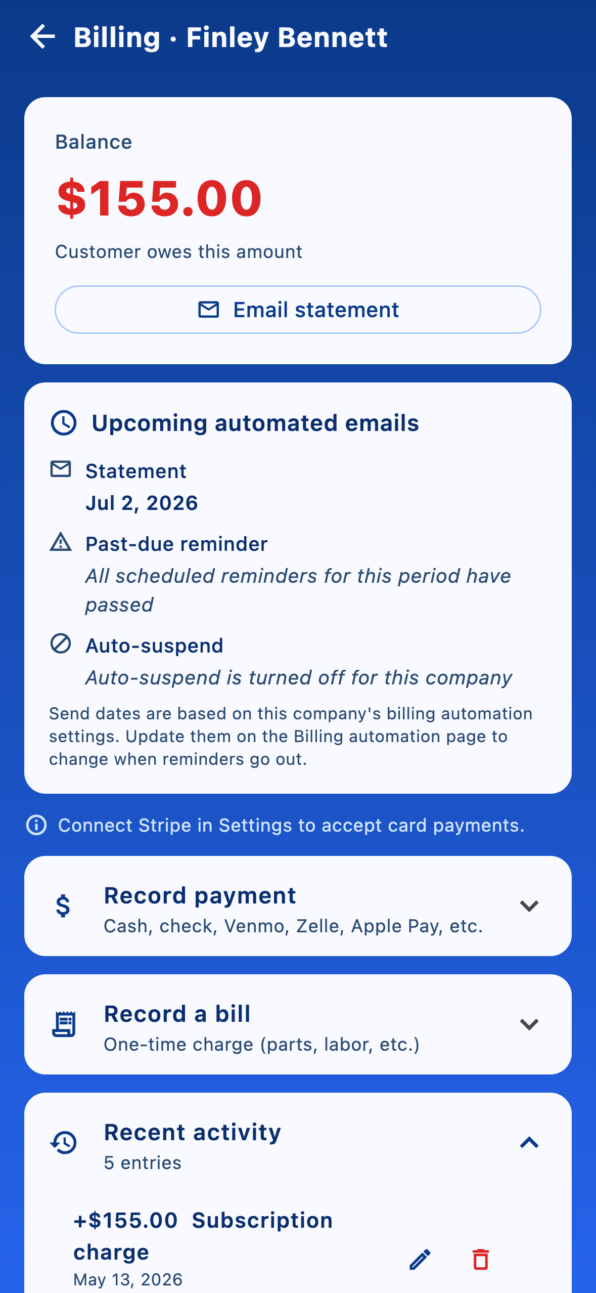 A client's Billing tab showing the current balance, record-payment and record-bill actions, and recent activity.