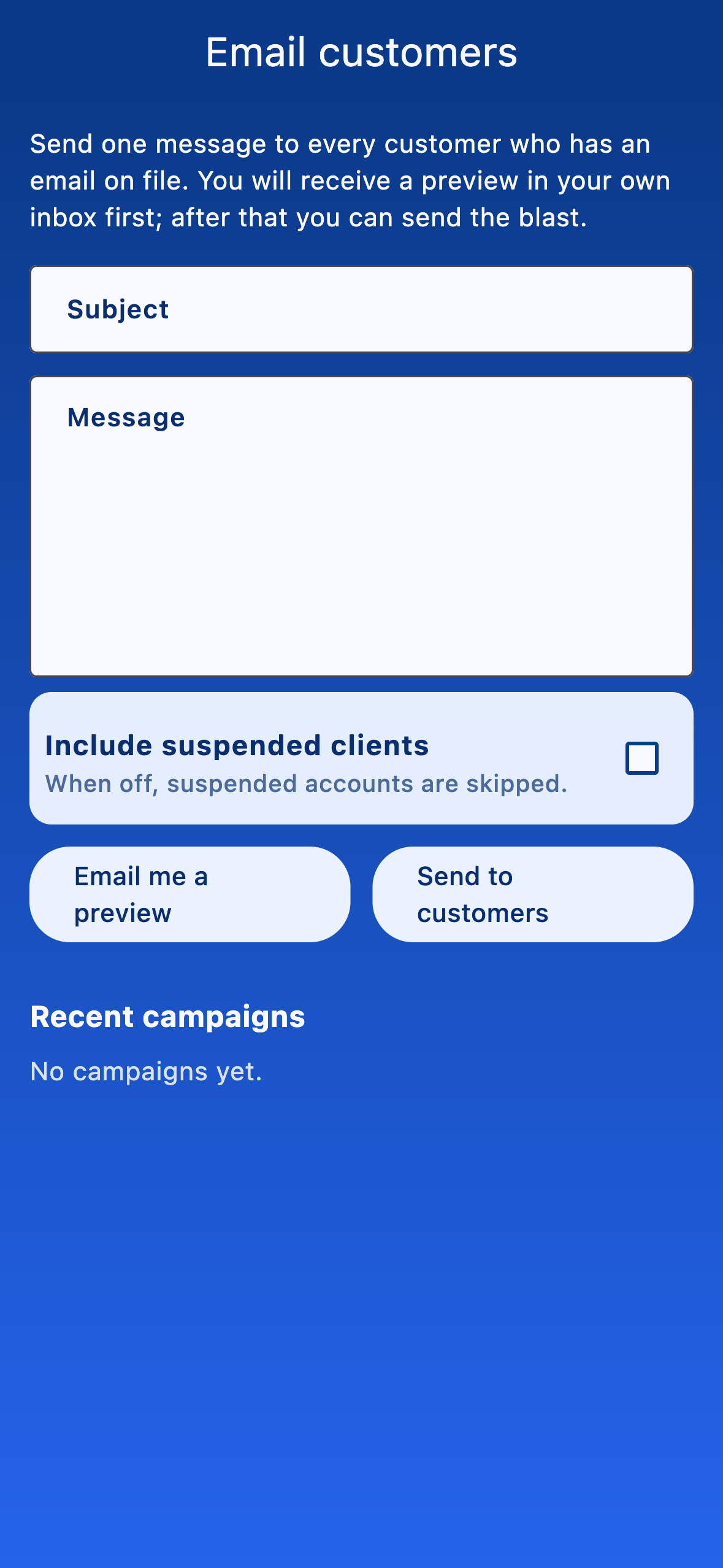 Email customers compose screen with subject, body, and preview controls.