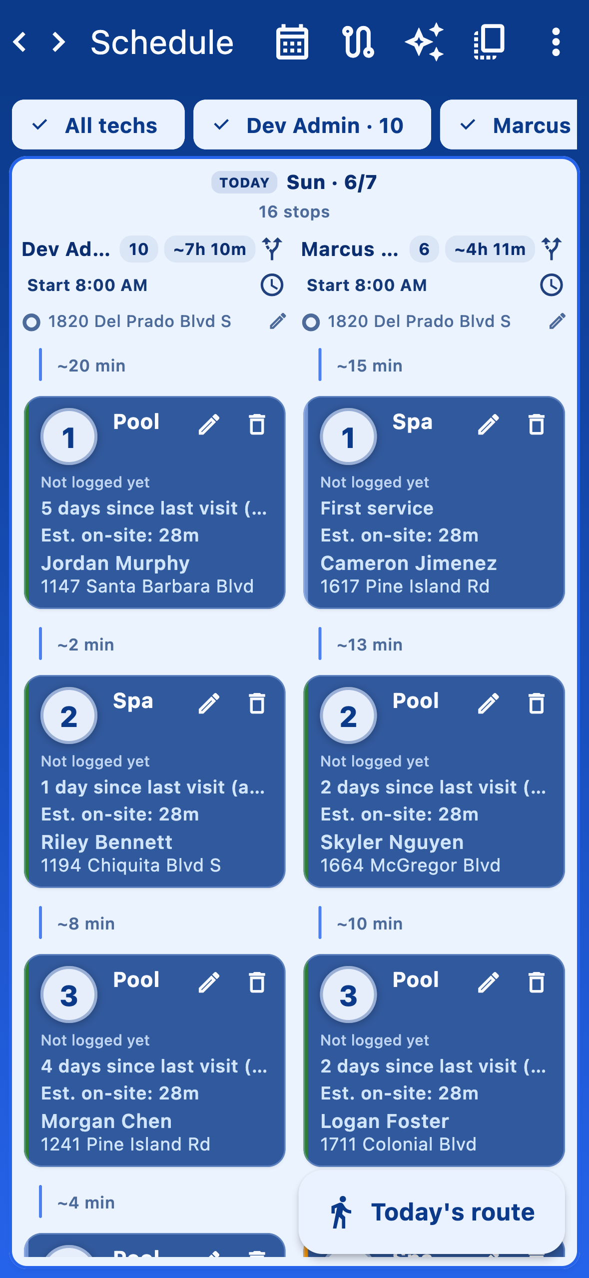 Schedule planner showing today's route with stops assigned across two technicians and travel-time estimates.